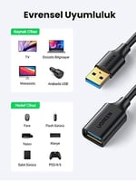 Ugreen USB 3.0 Uzatma Kablosu, 2 Metre, Siyah
