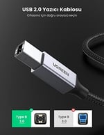 Ugreen USB-A to USB-B 2.0 Örgülü Yazıcı Kablosu 3 Metre