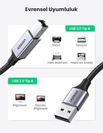 Ugreen USB-A to USB-B 2.0 Örgülü Yazıcı Kablosu 3 Metre