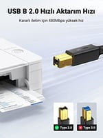 Ugreen USB den USB-B ye Yazıcı Tarayıcı Kablosu, 3 Metre - Seçenekler: 1,5m, 5 metre, 10FT