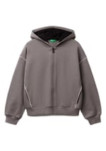 United Colors of Benetton Kız Çocuk Antrasit Kontrastlı Logo Etiketli Kapüşonlu Fermuarlı Oversize Sweatshirt