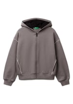 United Colors of Benetton Kız Çocuk Antrasit Kontrastlı Logo Etiketli Kapüşonlu Fermuarlı Oversize Sweatshirt