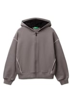 United Colors of Benetton Kız Çocuk Antrasit Kontrastlı Logo Etiketli Kapüşonlu Fermuarlı Oversize Sweatshirt