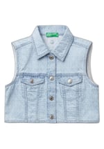 United Colors of Benetton Kız Çocuk Denim Logo İşleme Detaylı Düğmeli Önü Cepli Denim Yelek, Denim
