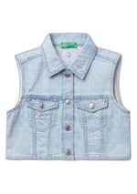 United Colors of Benetton Kız Çocuk Denim Logo İşleme Detaylı Düğmeli Önü Cepli Denim Yelek, Denim