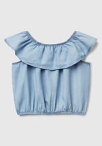 United Colors of Benetton Kız Çocuk Denim%100 Liyosel Yakası Fırfırlı Lastikli Kolsuz Crop Gömlek