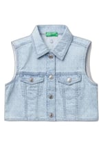 United Colors of Benetton Kız Çocuk Denim Logo İşleme Detaylı Düğmeli Önü Cepli Denim Yelek, Denim