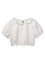 United Colors of Benetton Kız Çocuk Keten Karışımlı Büzgü Dikişli Kısa Kollu Bluz, 5IPVCQ03S