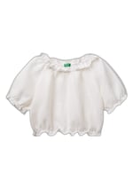 United Colors of Benetton Kız Çocuk Keten Karışımlı Büzgü Dikişli Kısa Kollu Bluz, 5IPVCQ03S