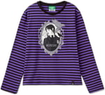 United Colors of Benetton Kız Çocuk Koyu Gri Etek Ucu Logo Etiketli Önü Fotoğraf Baskılı Çizgili T-Shirt