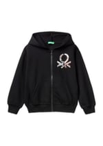 United Colors of Benetton Kız Çocuk Krem Pamuk Karışımlı Payet Logolu Kapşonlu Sweatshirt