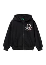 United Colors of Benetton Kız Çocuk Krem Pamuk Karışımlı Payet Logolu Kapşonlu Sweatshirt