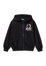 United Colors of Benetton Kız Çocuk Krem Pamuk Karışımlı Payet Logolu Kapşonlu Sweatshirt