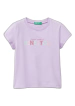 United Colors Of Benetton Kız Çocuk Parıltılı Logo Baskılı Ribana Yaka Regular Fit T-Shirt