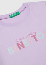 United Colors Of Benetton Kız Çocuk Parıltılı Logo Baskılı Ribana Yaka Regular Fit T-Shirt
