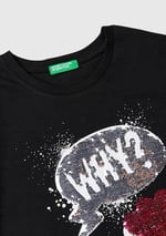 United Colors of Benetton Kız Çocuk Siyah Önü Pullu Baskı Detaylı Etek Ucu Yuvarlak Uzun Kollu T-Shirt