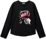 United Colors of Benetton Kız Çocuk Siyah Önü Pullu Baskı Detaylı Etek Ucu Yuvarlak Uzun Kollu T-Shirt