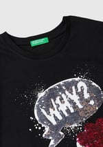 United Colors of Benetton Kız Çocuk Siyah Önü Pullu Baskı Detaylı Etek Ucu Yuvarlak Uzun Kollu T-Shirt
