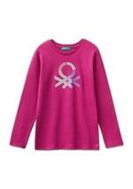 United Colors of Benetton Önü Parıltılı Logo Baskılı Regular Fit Uzun Kollu T-Shirt T-Shirt Kız çocuk