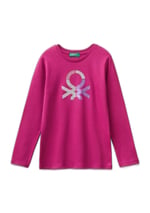 United Colors of Benetton Önü Parıltılı Logo Baskılı Regular Fit Uzun Kollu T-Shirt T-Shirt Kız çocuk