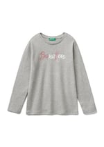 United Colors of Benetton Önü Parıltılı Logo Baskılı Regular Fit Uzun Kollu T-Shirt T-Shirt Kız çocuk