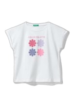 United Colors of Benetton Önü Parlak Grafik Baskılı Kıvrık Kollu Bisiklet Yaka Tişört T-Shirt Kız çocuk