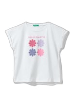 United Colors of Benetton Önü Parlak Grafik Baskılı Kıvrık Kollu Bisiklet Yaka Tişört T-Shirt Kız çocuk