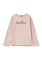 United Colors of Benetton Önü Pullu Logo İşlemeli Bisiklet Yaka Uzun Kollu T-Shirt Kız Çocuk T-Shirt