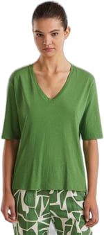United Colors of Benetton Pamuk Keten Karışımlı V Yaka Rahat Kesim T-Shirt T-Shirt Kadın