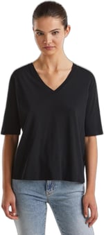 United Colors of Benetton Pamuk Keten Karışımlı V Yaka Rahat Kesim T-Shirt T-Shirt Kadın