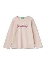 United Colors of Benetton Su Bazlı Baskılı ve İşlemeli Logolu Uzun Kollu T-Shirt T-Shirt Kız çocuk
