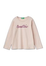 United Colors of Benetton Su Bazlı Baskılı ve İşlemeli Logolu Uzun Kollu T-Shirt T-Shirt Kız çocuk