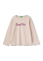 United Colors of Benetton Su Bazlı Baskılı ve İşlemeli Logolu Uzun Kollu T-Shirt T-Shirt Kız çocuk