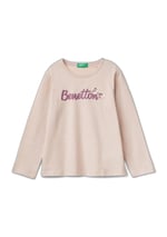 United Colors of Benetton Su Bazlı Baskılı ve İşlemeli Logolu Uzun Kollu T-Shirt T-Shirt Kız çocuk