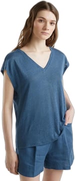 United Colors of Benetton%100 Keten Rahat Kalıp Derin V Yaka Kolsuz T-Shirt T-Shirt Kadın