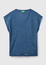 United Colors of Benetton%100 Keten Rahat Kalıp Derin V Yaka Kolsuz T-Shirt T-Shirt Kadın