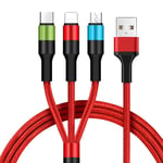 URUCHI 3 in 1 Hızlı Şarj Kablosu, Örgülü 1.2m Kırmızı, Lightning, Type-C, Micro USB, 3A Güçlü Dayanıklı Kablo, iOS ve Android Uyumlu