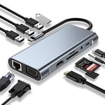 USB C HUB, Yerleştirme İstasyonu, 11'i 1 arada USB C Adaptörü, 4K HDMI, VGA, USB 3.0 Bağlantı Noktaları, C Tipi PD, Gigablit Ethernet RJ45, SD/TF Kartları, 3,5 mm AUX, MacBook Pro/Air ile Uyumlu, Daha