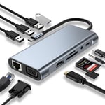 USB C HUB, Yerleştirme İstasyonu, 11'i 1 arada USB C Adaptörü, 4K HDMI, VGA, USB 3.0 Bağlantı Noktaları, C Tipi PD, Gigablit Ethernet RJ45, SD/TF Kartları, 3,5 mm AUX, MacBook Pro/Air ile Uyumlu, Daha