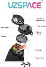 Uzspace 800ml -Yeni Ebat-Boy 25 cm-Tritan Su Matarası Bpa Koku Sızdırma Yok (FF SİYAH)