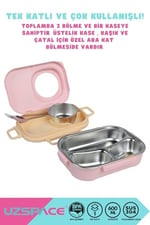 Uzspace Bento 1100ml Lunchbox Tek Katlı 3 Bölmeli Kaseli Çelik Sefer Tası Yemek Kutusu (Açık Pembe-Sarı)