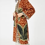Uzun Kimono Beli Kuşaklı Desenli