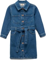 Uzun Kollu Pamuklu Kuşak Detaylı Cepli Düğmeli Gömlek Yaka Denim Elbise