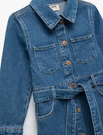 Uzun Kollu Pamuklu Kuşak Detaylı Cepli Düğmeli Gömlek Yaka Denim Elbise