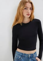 Uzun Kollu Siyah Crop Basic Tişört Crop/Kısa Kesim 1612822-900 - Bedenler: XS, S, M