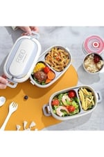 Vagonlife Bento 1140ml Lunchbox 2 Katlı 4 Bölmeli Mini Kaseli Çelik Sefer Tası Yemek Kutusu (Bej)