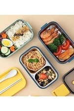 Vagonlife Bento 1400ml Lunchbox İki Katlı 2 Bölmeli Çelik Sefer Tası Yemek Kutusu (Lacivert-Sarı)