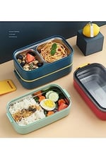 Vagonlife Bento 1400ml Lunchbox İki Katlı 2 Bölmeli Çelik Sefer Tası Yemek Kutusu (Lacivert-Sarı)