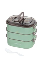 Vagonlife Bento 1450ml Lunchbox Üç Katlı 5 Bölmeli ve Mini Sosluklu Çelik Sefer Tası Yemek Kutusu (Yeşil)