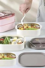 Vagonlife Bento 1450ml Lunchbox Üç Katlı 5 Bölmeli ve Mini Sosluklu Çelik Sefer Tası Yemek Kutusu (Yeşil)